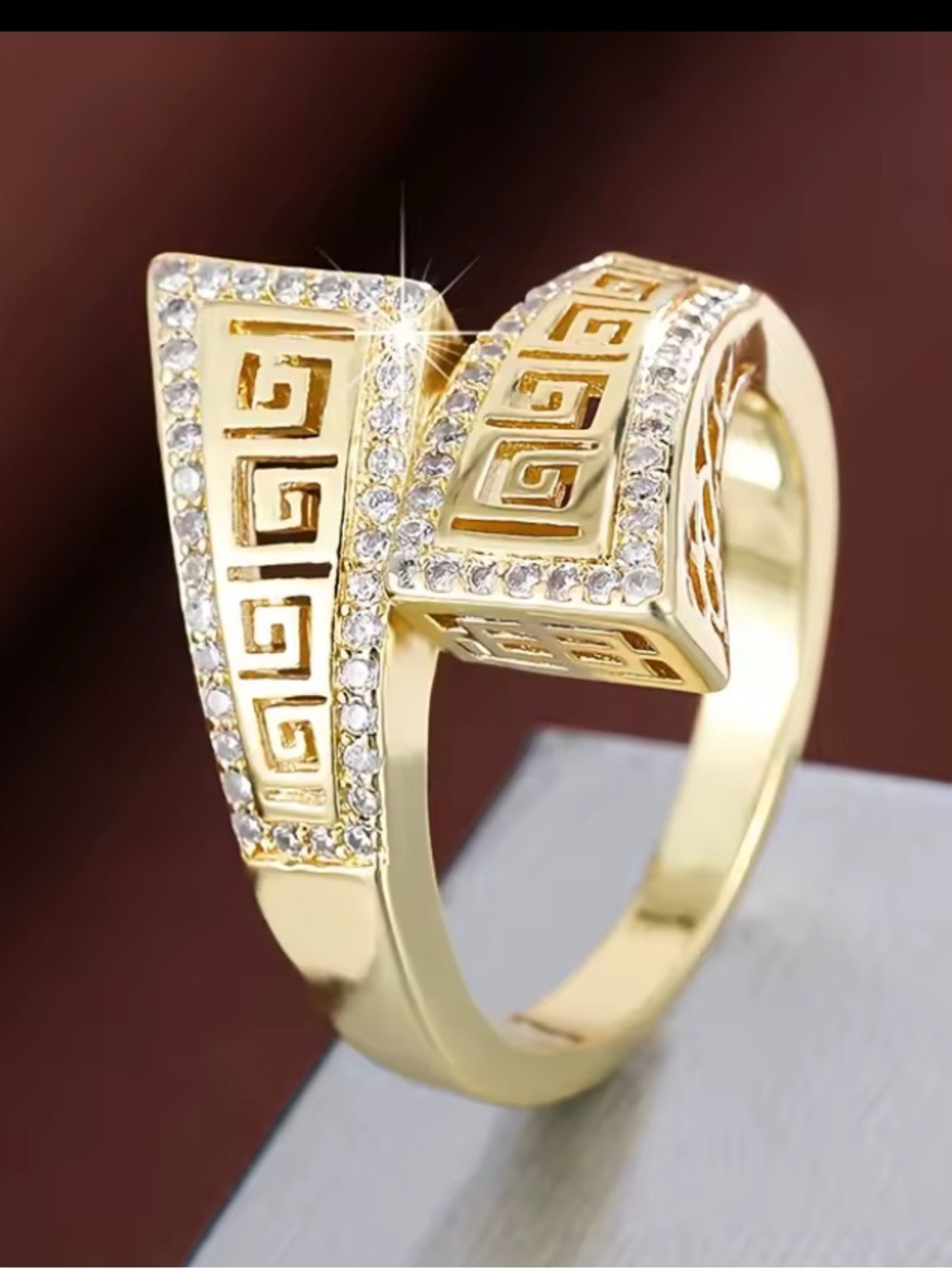 Gold Greek Key Cuff Ring with Clear Crystal Accents